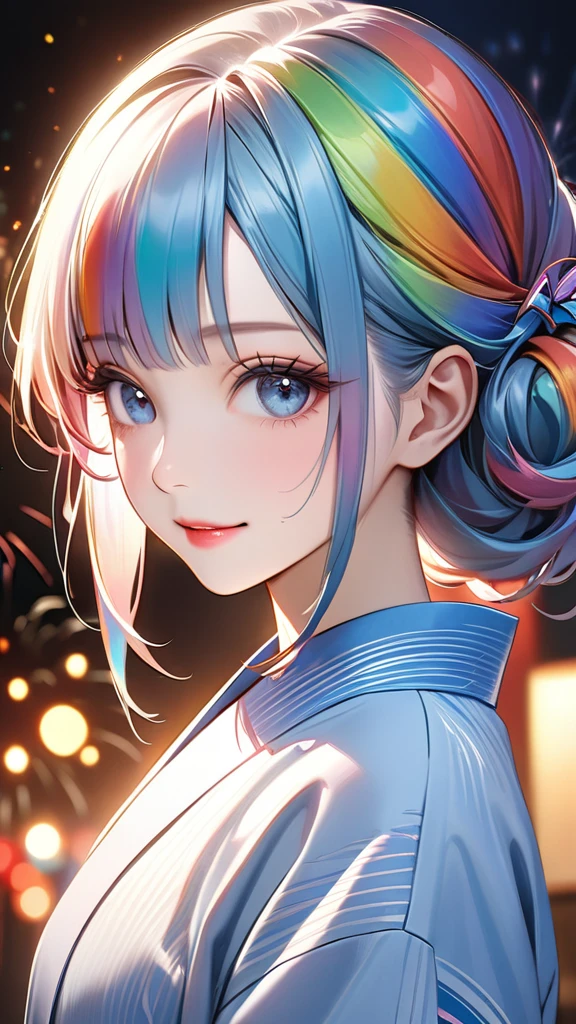 A beautiful and divine woman wearing a clean and refreshing white and blue yukata.々A beautiful woman.々Beautiful woman.々Beautiful Goddess, Rainbow Hair,Medium Long Hairstyles,Beautiful attention to detail, Beautiful lip detail, Highly detailed face, Long eyelashes, Friendly and polite expressions, red, Round crystals in both hands, The perfect uniform, High quality lighting, Realistic, 8k, Highest quality, masterpiece, Professional, Studio Lighting,The background is a fireworks display,Completely backwards
