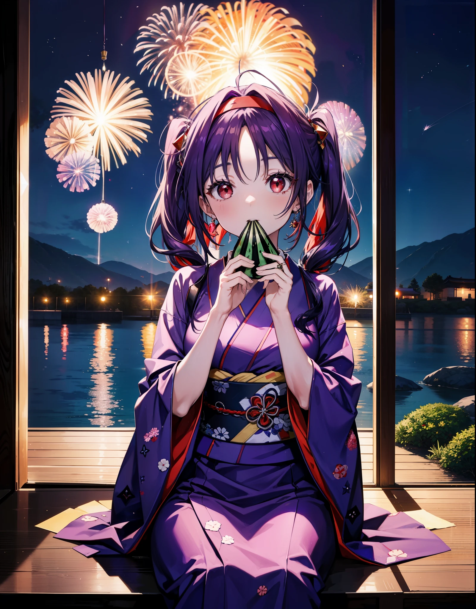 yuukikonno, Yuuki Konno, hair band, Long Hair, Pointed Ears, Purple Hair, (Red eyes:1.5), (Small breasts:1.2),low twin tail,smile,Open your mouth,Purple Kimono,Purple long skirt,Fireworks in the night sky,Fireworks,The place is a fireworks display,Time is night,sunny day,Sitting on a bench,He is eating a triangular piece of red watermelon, holding it in both hands.,Wind Chimes,whole bodyがイラストに入るよう,
break looking at viewer, , whole body, (Cowboy Shot:1. 5)
break indoors, Veranda,Japanese garden,
break (masterpiece:1.2), Highest quality, High resolution, unity 8k wallpaper, (figure:0.8), (Beautiful attention to detail:1.6), Highly detailed face, Perfect lighting, Highly detailed CG, (Perfect hands, Perfect Anatomy),