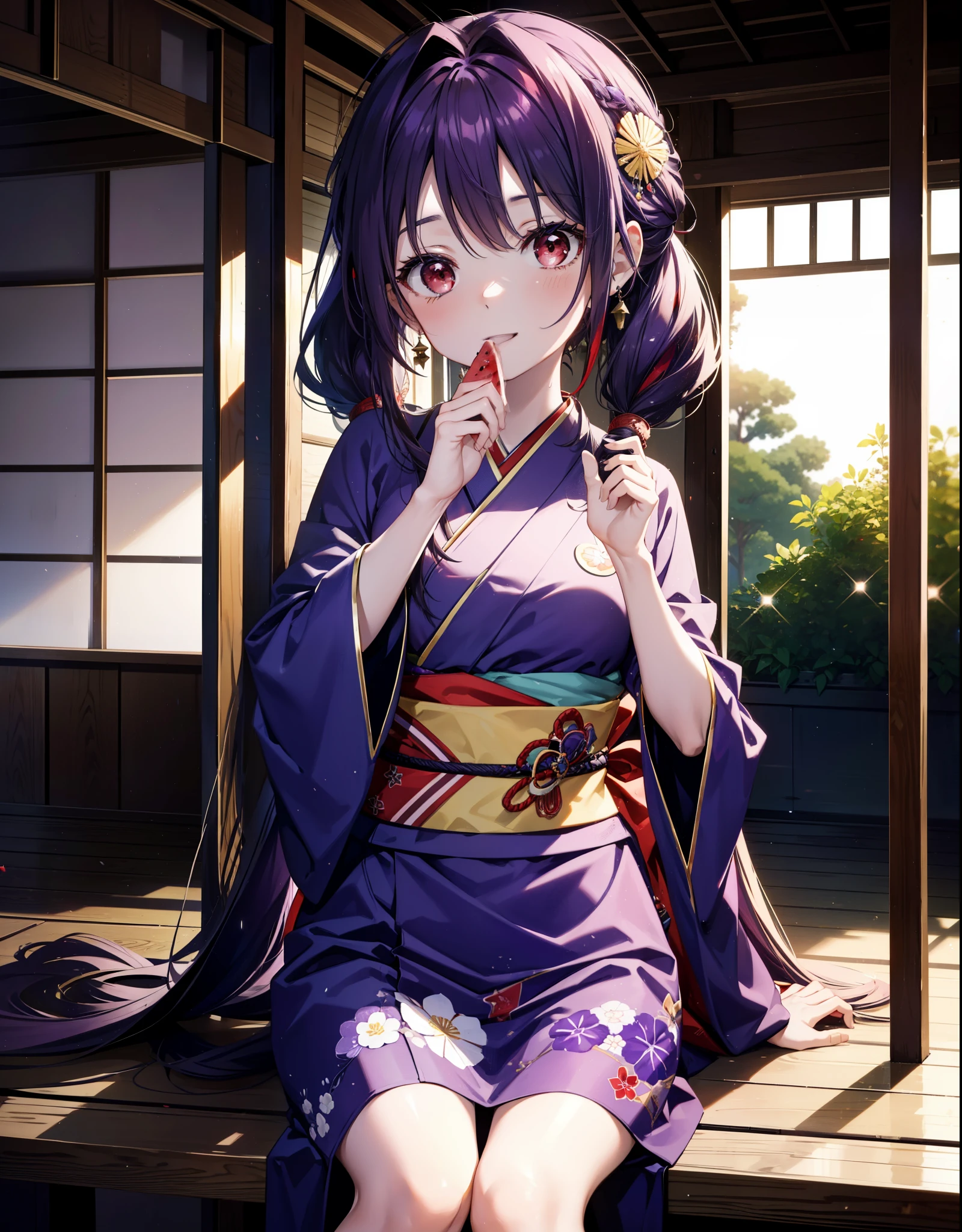 yuukikonno, Yuuki Konno, hair band, Long Hair, Pointed Ears, Purple Hair, (Red eyes:1.5), (Small breasts:1.2),low twin tail,smile,Open your mouth,Purple Kimono,Purple long skirt,Fireworks in the night sky,Fireworks,The place is a fireworks display,Time is night,sunny day,Sitting on a bench,He is eating a triangular piece of red watermelon, holding it in both hands.,Wind Chimes,whole bodyがイラストに入るよう,
break looking at viewer, , whole body, (Cowboy Shot:1. 5)
break indoors, Veranda,Japanese garden,
break (masterpiece:1.2), Highest quality, High resolution, unity 8k wallpaper, (figure:0.8), (Beautiful attention to detail:1.6), Highly detailed face, Perfect lighting, Highly detailed CG, (Perfect hands, Perfect Anatomy),