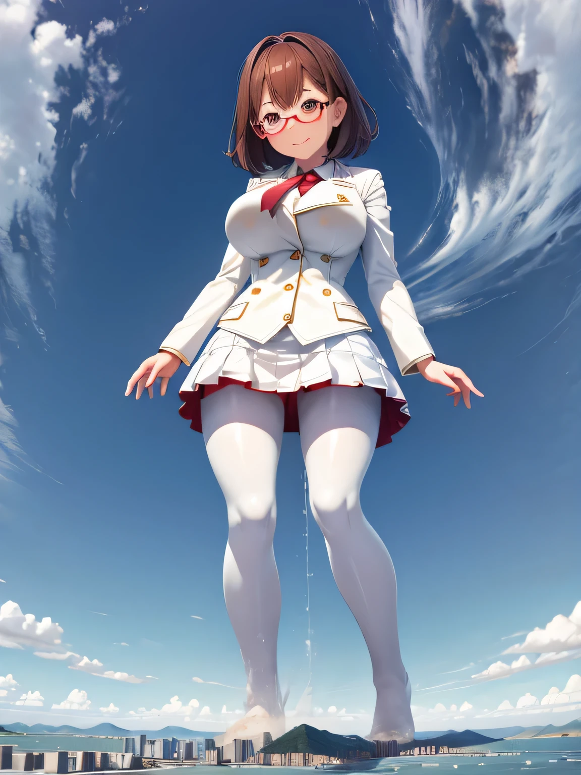 multiple girls, 3girls, standing, giantess art, highly detailed giantess shots, giantess, most detailed, perfect face, Two legs, Five fingers, short hair, A high school girl who is bigger than a skyscraper, Wearing rimless glasses, smile, huge breasts, Navy blazer, Red tie, mini skirt, black pantyhose, no shoes on, toes visible through pantyhose, Steam coming out from the soles of my feet, seaside metropolis, numerous miniature warships on the sea, Destroying cities, Under heavy attack, A very small big city, Miniature metropolis, Full body description, GTS, giga giantess, gigagts, stomping city, crash city, tiny city, micro city, pantyhose feet, High resolution, highest quality, masterpiece, 