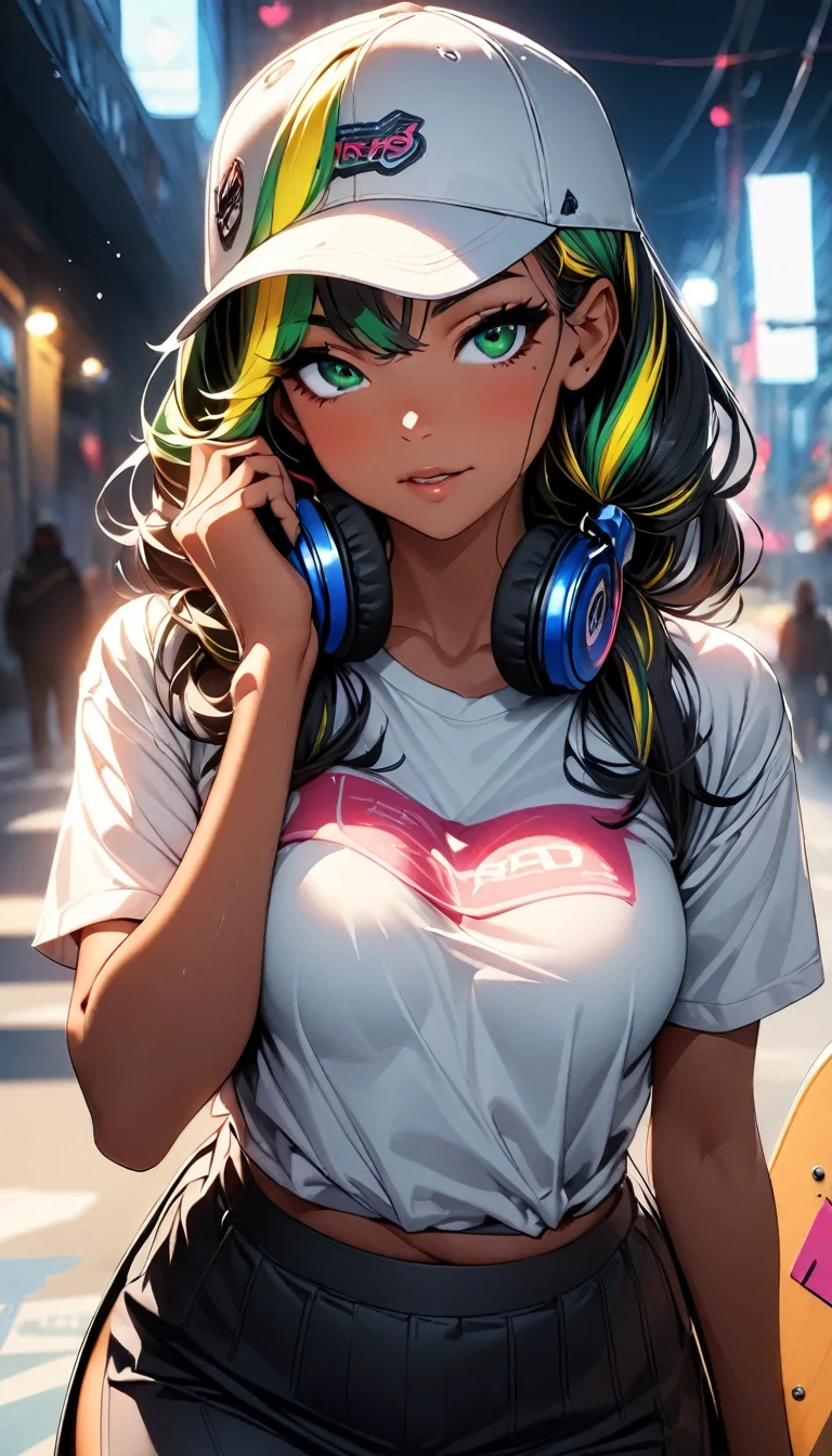 (highest quality:1.2, Very detailed, up to date, Vibrant, Ultra-high resolution, High Contrast, masterpiece:1.2, highest quality, Best aesthetics), Portraiture、solo, girl、(slim:1), (25-years-old), Cowgirl, Bright colors、Beautiful fine details、Beautiful lip detail、long hair、low ponytail, white and yellow green ((streaked hair:1.6)), highlights hair: 1.5, (medium breast:1) , (tan skin:0.9), ((Skateboarder:1)), (wearing headphones), (baseball cap:1.3), holding a skateboard, skeatboarder wear ,((cowboy shot:1))