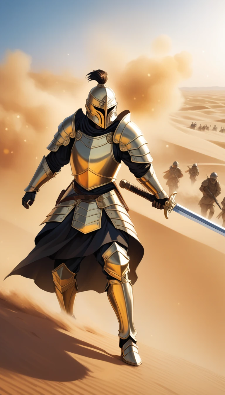 8K, RAW, best quality, masterpiece, ultra high res, colorful, (medium wide shot), (dynamic perspective), sharp focus , (depth of field, bokeh:1.3), 
photo of 1girl, , wearing sistersilence armor, mask details, topknot, full armor, detailed shoulder armor, pauldron, gold armor, armor detail,  gold trimmings, pelvic curtain,  cape, holding sword, swinging sword, facial tattoo, battle, army, firing, gun, charging, running, 
standing by desert storm, sandstorm, dune, dark ambiance,      