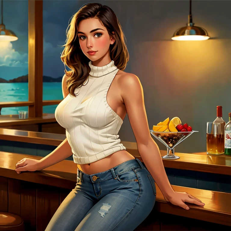8k, best quality, realistic photos, realistic details, clear face, delicate facial features, real skin shine, a cute girl, shy, facing the camera, topless girl sitting in a bar in a gray fishnet sweater and tight denim, clear bar background, sea view, arms on bar counter, hips, slim body, big breasts, 24 years old, charming, seductive eyes