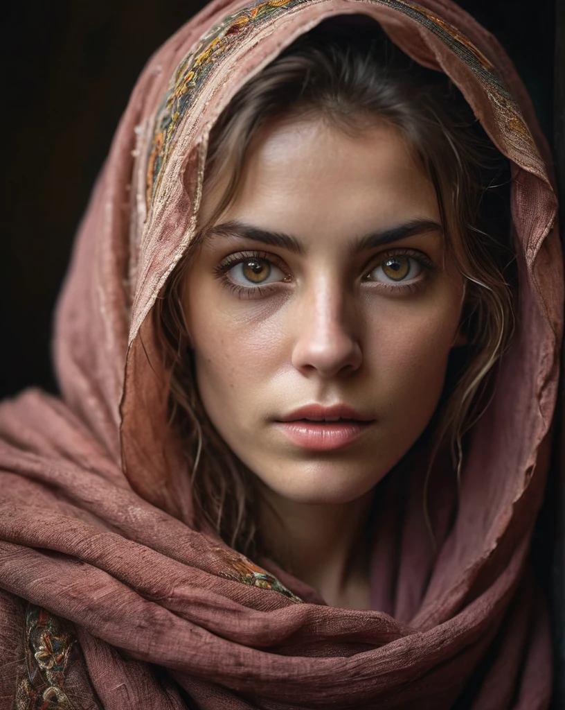 a photorealistic portrait of a stunningly beautiful woman without make-up, extremely detailed light hazel eyes, detailed symmetric realistic face, natural skin texture, extremely detailed skin with skin pores, peach fuzz, messy hair, wearing shawl over her head, masterpiece, absurdres, award winning photo by lee jeffries, nikon d850 film stock photograph, kodak portra 400 camera f1.6 lens, extremely detailed, amazing, fine detail, rich colors, hyper realistic lifelike texture, dramatic lighting, unrealengine, trending on artstation, cinestill 800 tungsten, looking at the viewer, photo realistic, RAW photo, TanvirTamim, high quality, highres, sharp focus, extremely detailed, cinematic lighting, 8k uhd