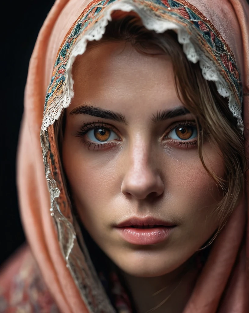 a photorealistic portrait of a stunningly beautiful woman without make-up, extremely detailed light hazel eyes, detailed symmetric realistic face, natural skin texture, extremely detailed skin with skin pores, peach fuzz, messy hair, wearing shawl over her head, masterpiece, absurdres, award winning photo by lee jeffries, nikon d850 film stock photograph, kodak portra 400 camera f1.6 lens, extremely detailed, amazing, fine detail, rich colors, hyper realistic lifelike texture, dramatic lighting, unrealengine, trending on artstation, cinestill 800 tungsten, looking at the viewer, photo realistic, RAW photo, TanvirTamim, high quality, highres, sharp focus, extremely detailed, cinematic lighting, 8k uhd