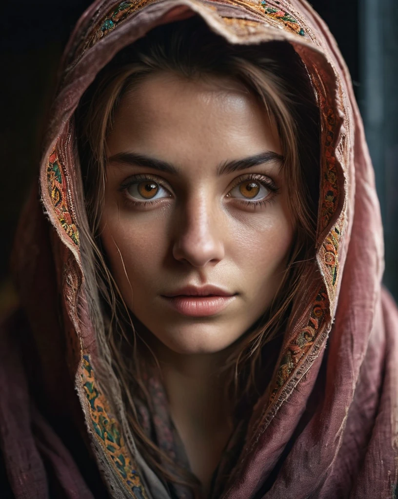 a photorealistic portrait of a stunningly beautiful woman without make-up, extremely detailed light hazel eyes, detailed symmetric realistic face, natural skin texture, extremely detailed skin with skin pores, peach fuzz, messy hair, wearing shawl over her head, masterpiece, absurdres, award winning photo by lee jeffries, nikon d850 film stock photograph, kodak portra 400 camera f1.6 lens, extremely detailed, amazing, fine detail, rich colors, hyper realistic lifelike texture, dramatic lighting, unrealengine, trending on artstation, cinestill 800 tungsten, looking at the viewer, photo realistic, RAW photo, TanvirTamim, high quality, highres, sharp focus, extremely detailed, cinematic lighting, 8k uhd