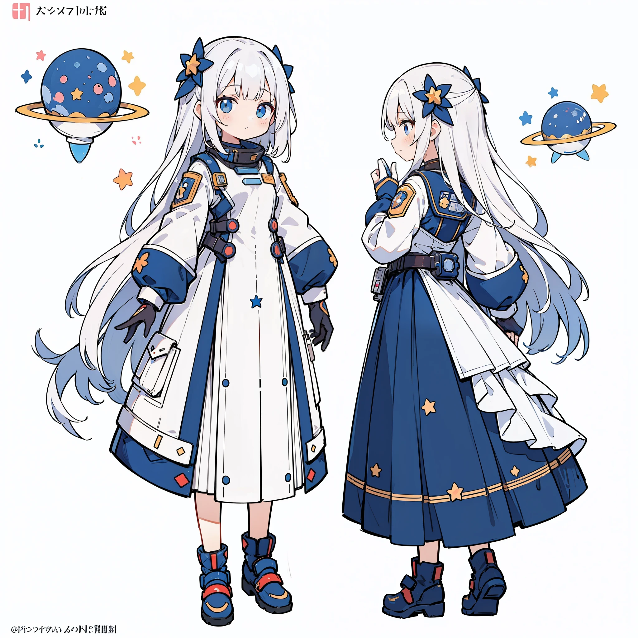 ((masutepiece)), (Highest Quality))), ((CharacterDesignSheet, Space Costume, Same character, front, Side, Back)), Illustration,1girl, fullbody, character design, silver hair flowery, (star accessory), high quality, wide shot,environment change scene, detailed background of space colony,v tuber, (Simple background, White background: 1.3) ( masutepiece:1.2), (Best Quality:1.3),Spacesuit