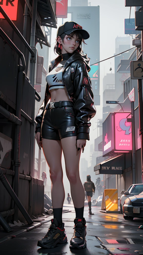 Araffe woman wearing baseball cap and shorts posing for a photo, cyberpunk art by Russell Dongjun Lu, trending on society, Street art, cyberpunk streetwear, 🌺 society, cyberpunk 2 0 years. o model girl, in the cyberpunk city, It has cyberpunk style, [ trending on society ]!!, cyberpunk beautiful girl, cyberpunk atmosphere, cyberpunk girl