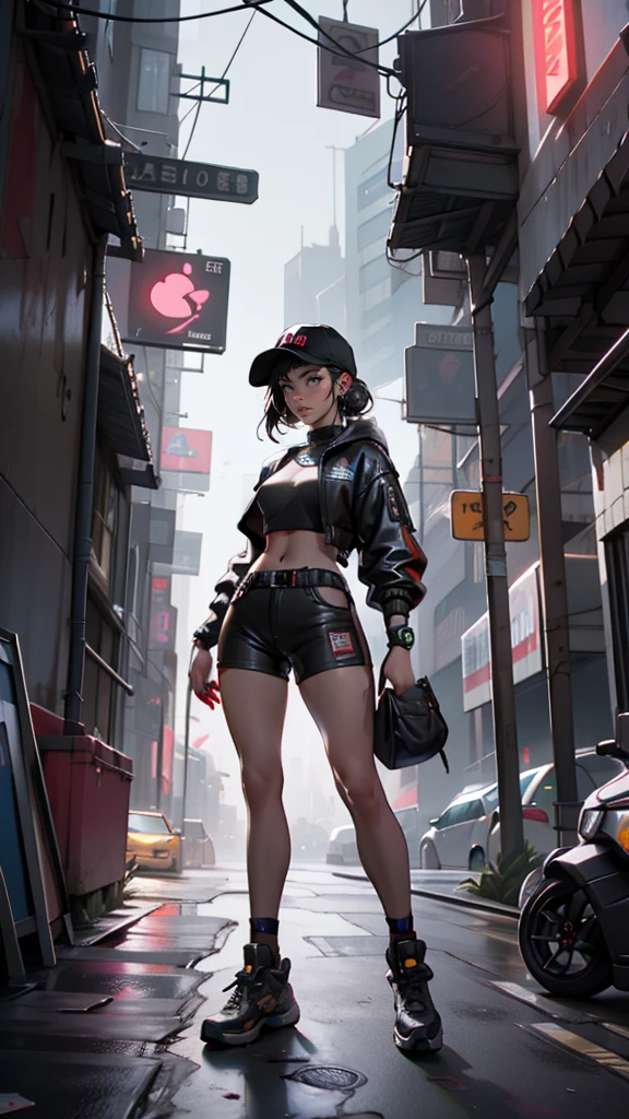 Araffe woman wearing baseball cap and shorts posing for a photo, cyberpunk art by Russell Dongjun Lu, trending on society, Street art, cyberpunk streetwear, 🌺 society, cyberpunk 2 0 years. o model girl, in the cyberpunk city, It has cyberpunk style, [ trending on society ]!!, cyberpunk beautiful girl, cyberpunk atmosphere, cyberpunk girl