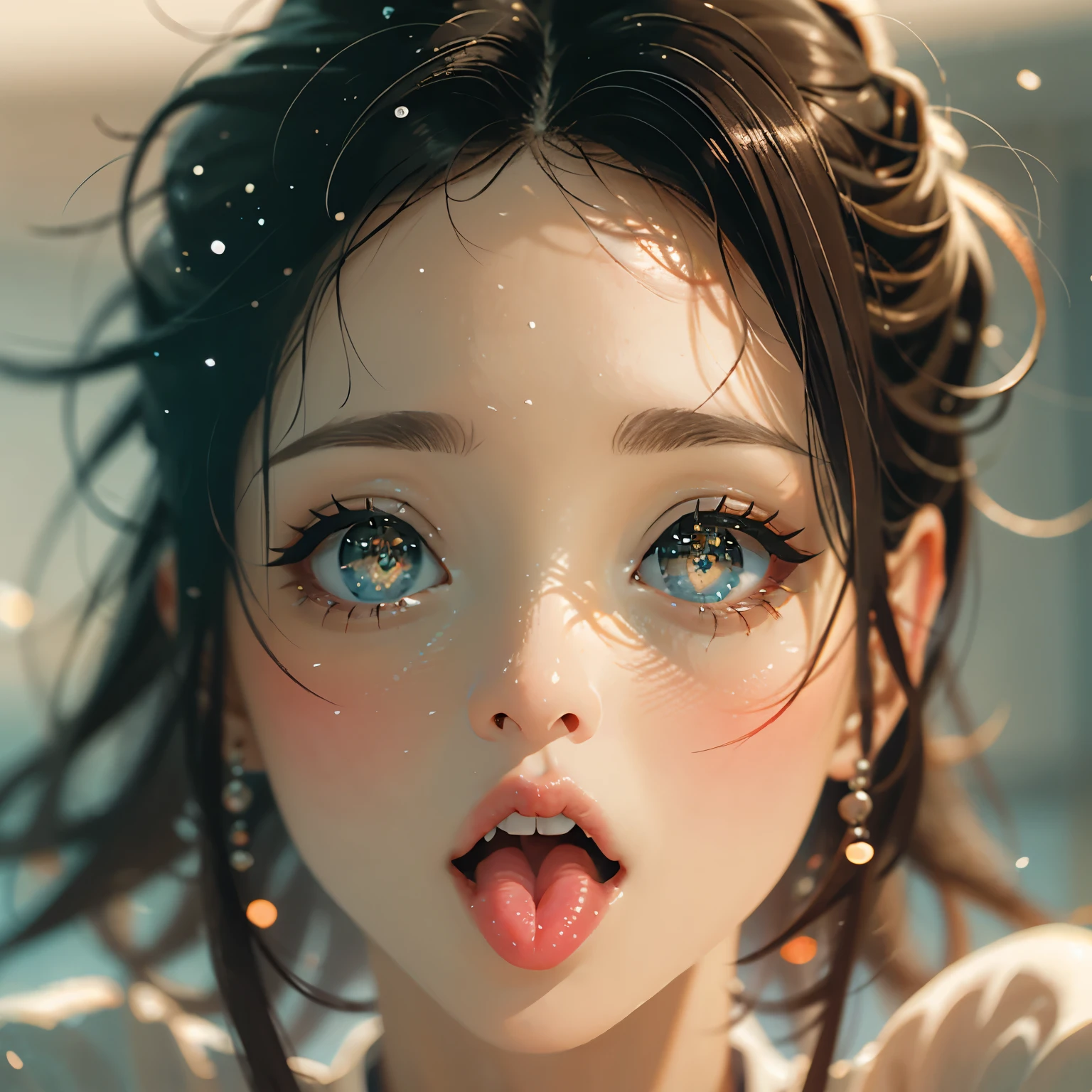 ExtremelyDetailed Kawaii girl Face,(Close-up Sweet lips), glossy lips with beautiful details, Coquettish tongue, Kissing to camera, towards the viewer, 8K TopQuality masterpiece,an extremely delicate and beautiful (ProfessionalPhoto:1.37), {Amazing|finely detail|official art|incredibly absurdres},ultra-detailed close-up shot, close up, (fish eye lens), wide lens, macro lens, Detailed reflective Eyes ElaboratePupils with (sparkling highlights:1.28) (Delicate Voluminous LongEyelashes:0.88), {(Tilted face:1.22)|Visible back of throat|saliva drips|naked shoulder}, (Dripping juice on tongue:1.23) snow particles
