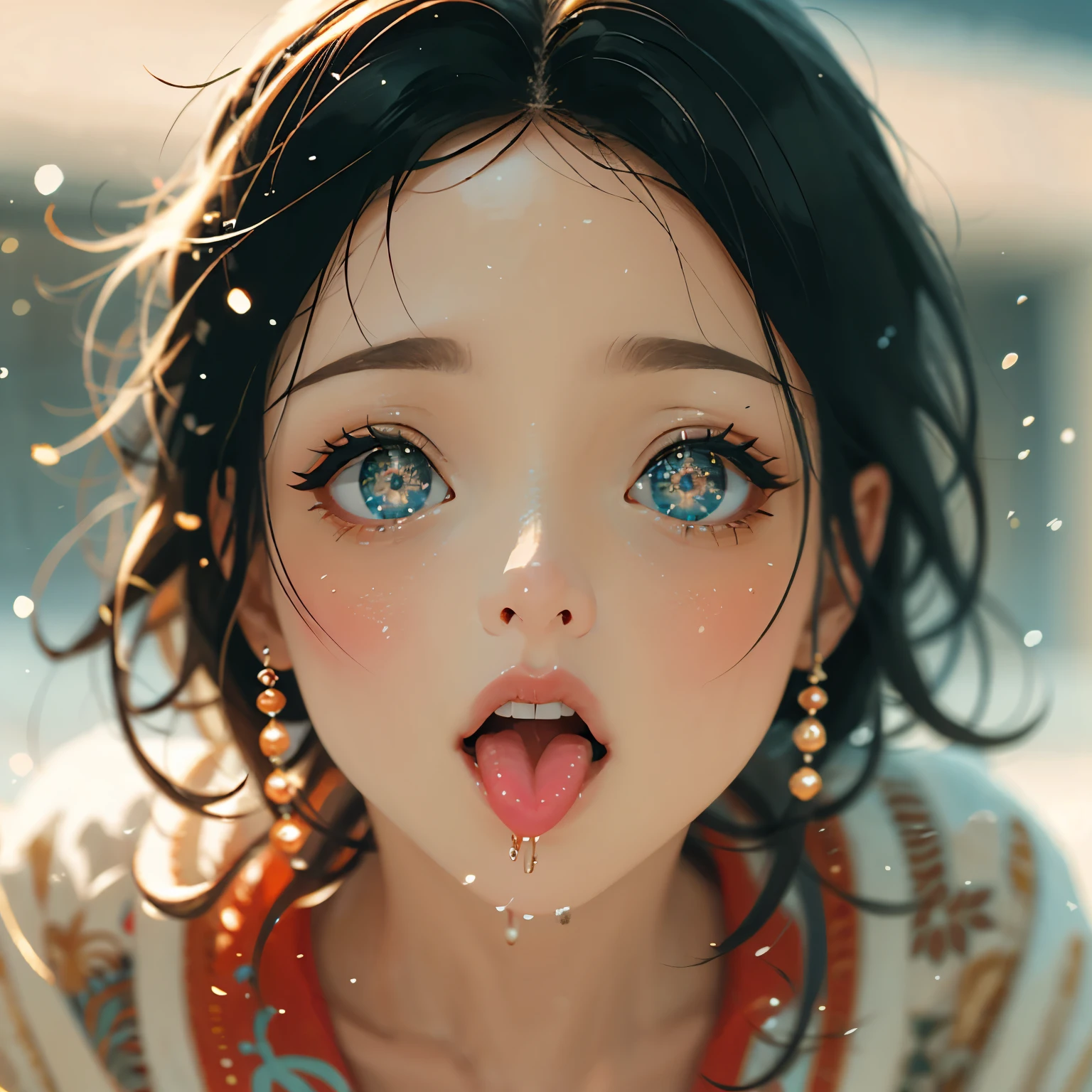 ExtremelyDetailed Kawaii girl Face,(Close-up Sweet lips), glossy lips with beautiful details, Coquettish tongue, Kissing to camera, towards the viewer, 8K TopQuality masterpiece,an extremely delicate and beautiful (ProfessionalPhoto:1.37), {Amazing|finely detail|official art|incredibly absurdres},ultra-detailed close-up shot, close up, (fish eye lens), wide lens, macro lens, Detailed reflective Eyes ElaboratePupils with (sparkling highlights:1.28) (Delicate Voluminous LongEyelashes:0.88), {(Tilted face:1.22)|Visible back of throat|saliva drips|naked shoulder}, (Dripping juice on tongue:1.23) snow particles