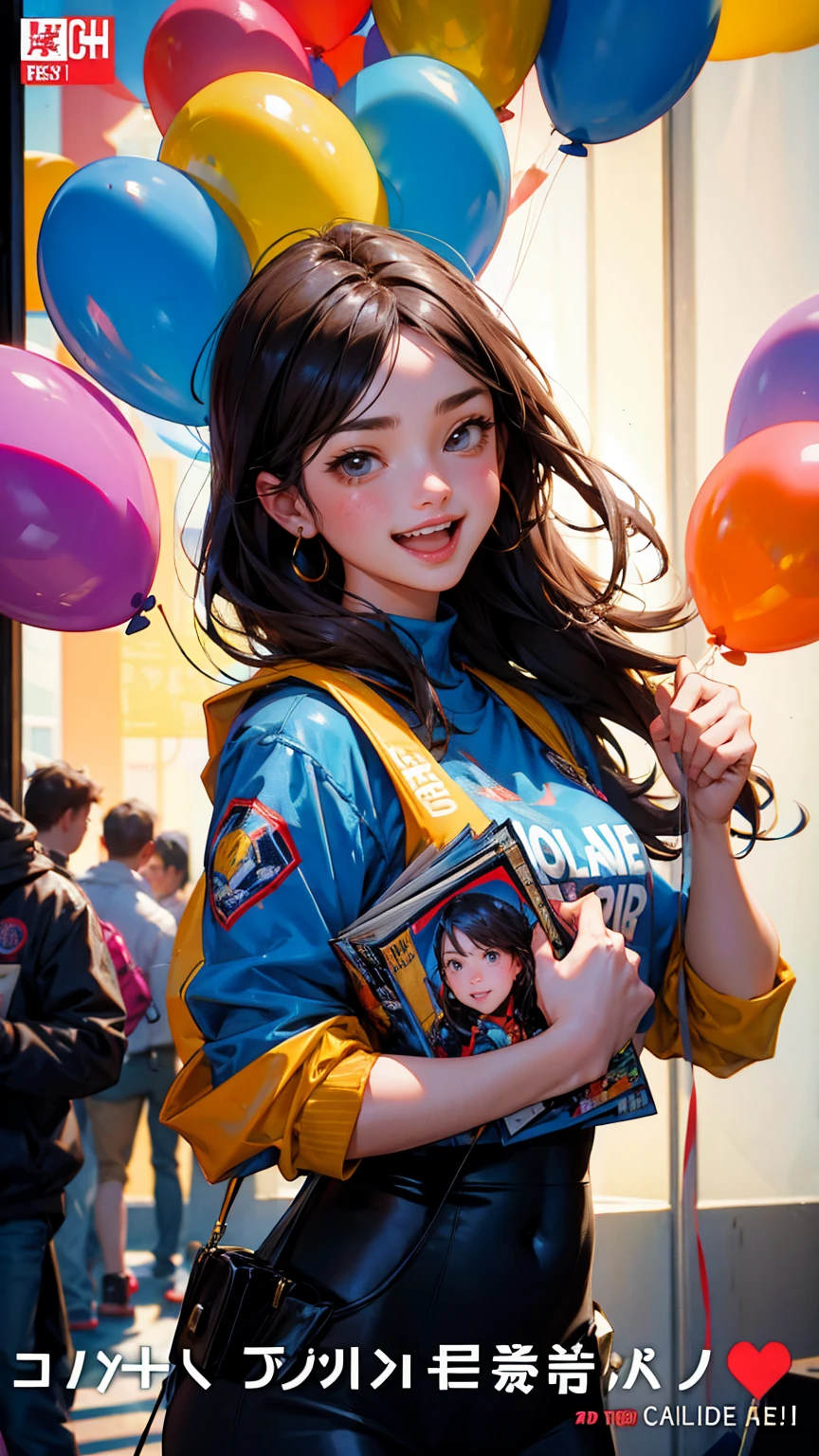 comic book cover of, girl celebrating and  people celebrating in front of the office with balloons, a sign on the wall says "Announcement of Announcement"