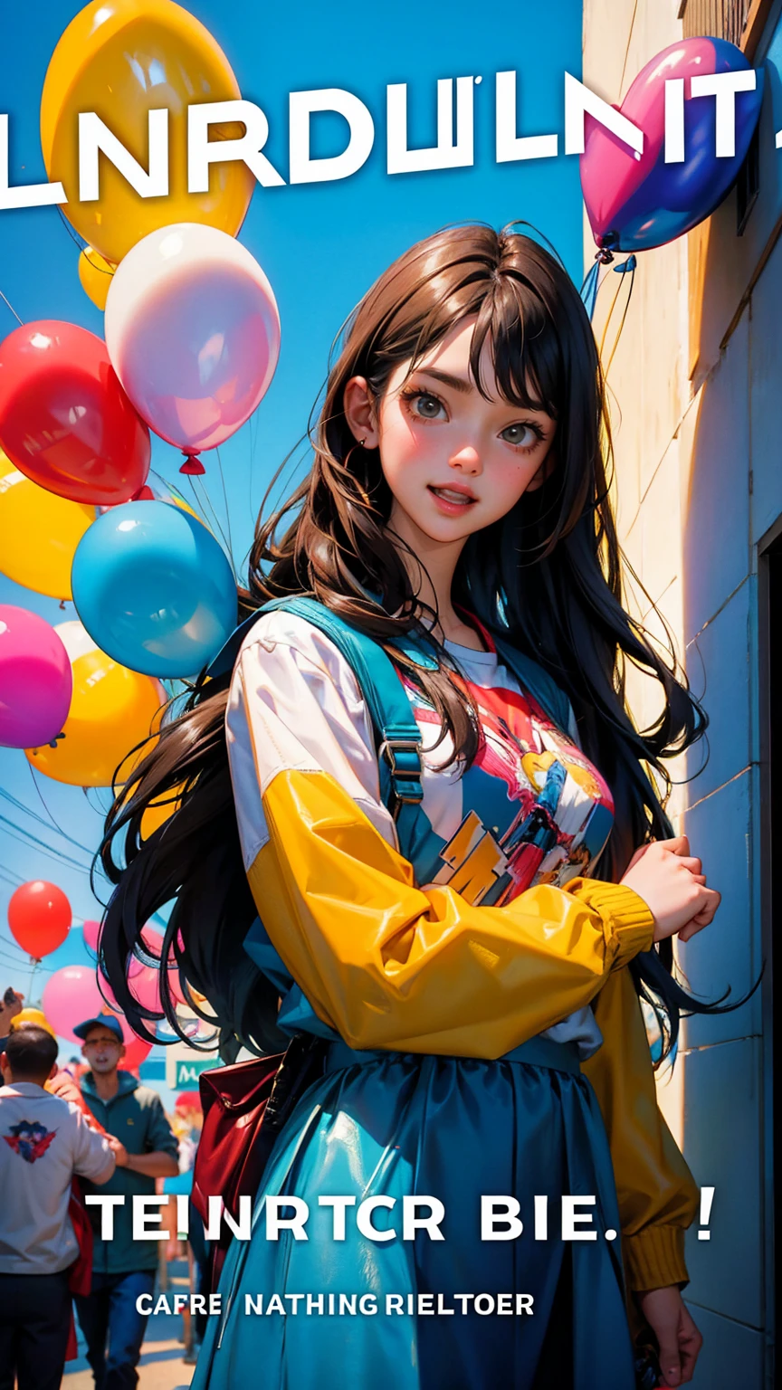 comic book cover of, girl celebrating and people celebrating in front of the office with balloons, a sign on the wall says "Announcement of Announcement"