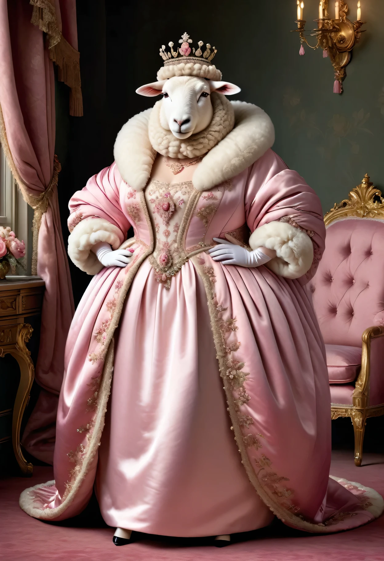 photorealistic portrait of Dressed animals - a ((fat)) (sheep) Queen,(furry),(smile), (full body image:1.5),(elegant pose:1.5) Wearing luxury sack-back gown,(wearing luxury tiara),(hands on hips:1.5), Old-fashioned luxury loyal pink and white clothes, detailed and opulent description of a queen's aristocratic sack-back gown in Rococo style , emphasizing luxurious fabrics, intricate embroidery and ornate accessories, simple background,(looking at viewer:2.0),score_9, score_8_up, score_7_up, score_6_up, score_5_up, score_4_up,