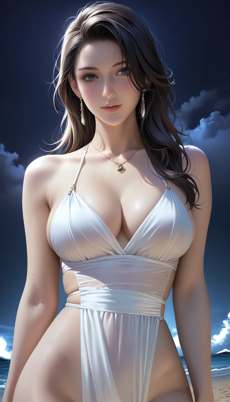 score_9, score_8_superior, score_7_superior, Masterpieces with up to 16K resolution,Highest quality,it is really amazing,Very detailed,Ultra-high resolution,(Ultra-realistic:1.1),(Realistic:1.1),Increased depth of field,Cinematic lighting,
Elegant Japanese MILF,
Long black hair,Ultra-detailed and beautiful face,Translucent white skin,Realistic skin texture,
(Elegant swimwear:1.1),
Bold design,Artistic design,Beautiful and detailed pattern,Detailed fabric texture,
Gorgeous necklace,Earrings,
(Deserted beach at night:1.4),(Dark night sky with dark clouds:1.4),
(Dramatic Angle:1.1),