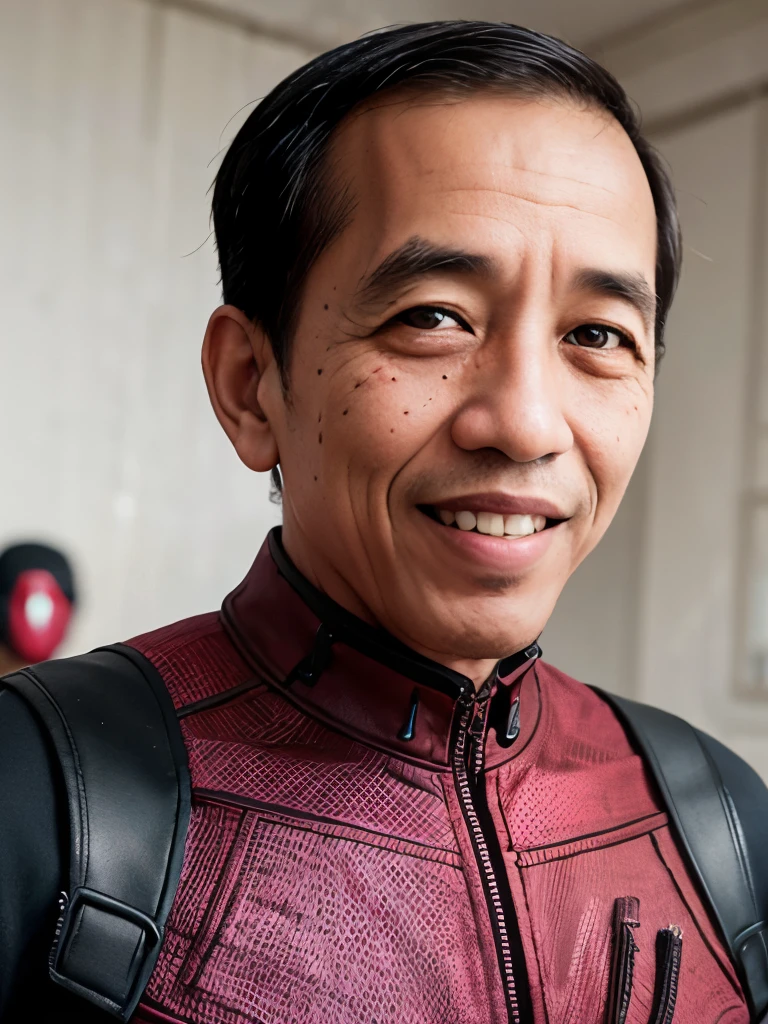 4k, Best quality, masterpiece, ultra high res, beautiful lighting, (realistic, photo-realistic:1.4), realistic background, jokowi, 1man, 50 years old, smiling, deadpool, open mask, torso potrait photo, Long shot, wide shot, full shot