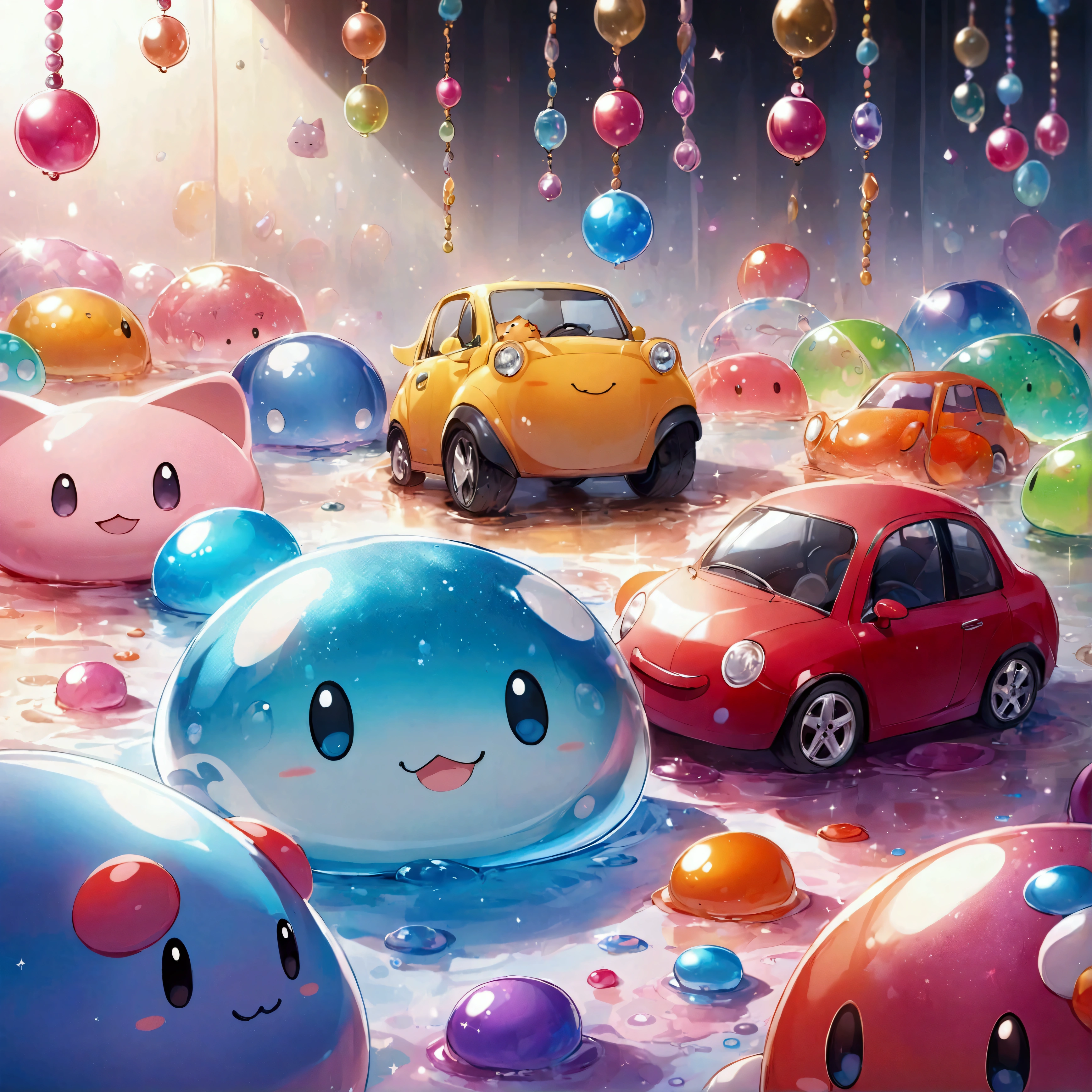 A vibrant, colorful slime scene with various textures. Large, glossy, multi-colored slime puddle in the center, with embedded beads and glitter. A whimsical slime animal, resembling a dog or cat, on the left, with rough texture and brown, black, and white colors. A playful slime toy car on the right, with smooth, glossy red, black, and white colors. Scattered beads and glitter on the top left. Playful, whimsical atmosphere. High-quality, detailed image