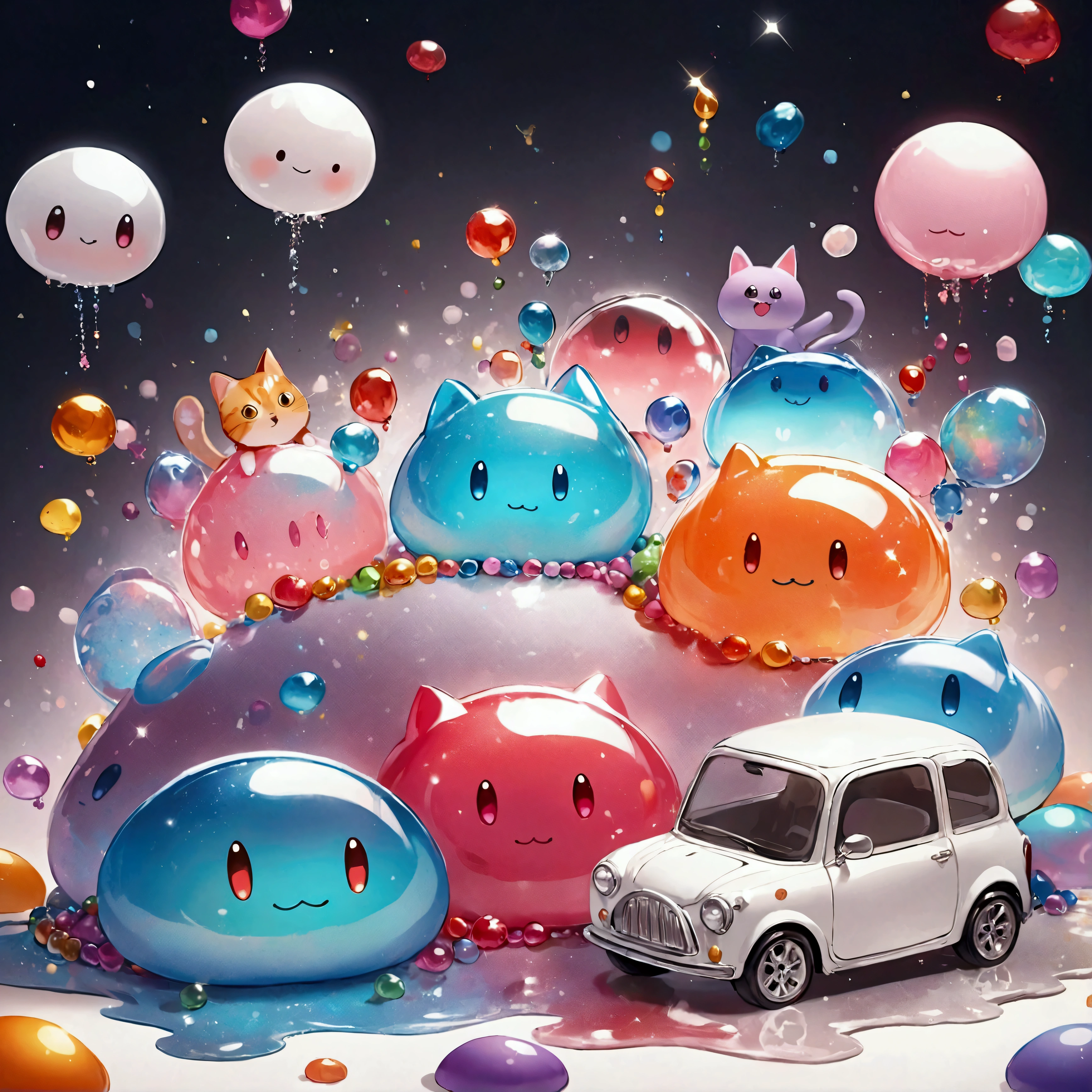 A vibrant, colorful slime scene with various textures. Large, glossy, multi-colored slime puddle in the center, with embedded beads and glitter. A whimsical slime animal, resembling a dog or cat, on the left, with rough texture and brown, black, and white colors. A playful slime toy car on the right, with smooth, glossy red, black, and white colors. Scattered beads and glitter on the top left. Playful, whimsical atmosphere. High-quality, detailed image