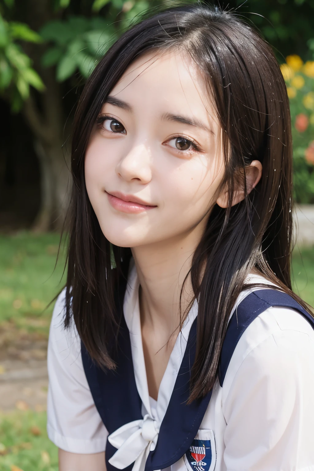 ((masterpiece)), ((best quality)), ((ultra-detailed)),((hyperrealistic)),(japanese cute girl),(shiny skin),1girl,(forehead),black hair,long hair,(black big eyes,tareme,droopy eyes),(small breasts),,dynamic angle,(((blush,in heat))), cheeks,neat and clean,(sailor uniform ,serafuku,school uniform),arms behind back,school,class room,smile,