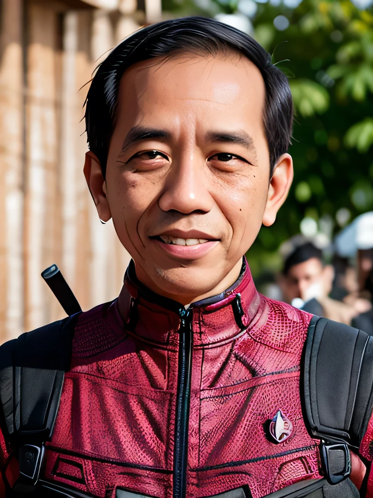 4k, Best quality, masterpiece, ultra high res, beautiful lighting, (realistic, photo-realistic:1.4), realistic background, jokowi, 1man, 50 years old, smiling, deadpool, open mask, torso potrait photo, Long shot, wide shot, full shot