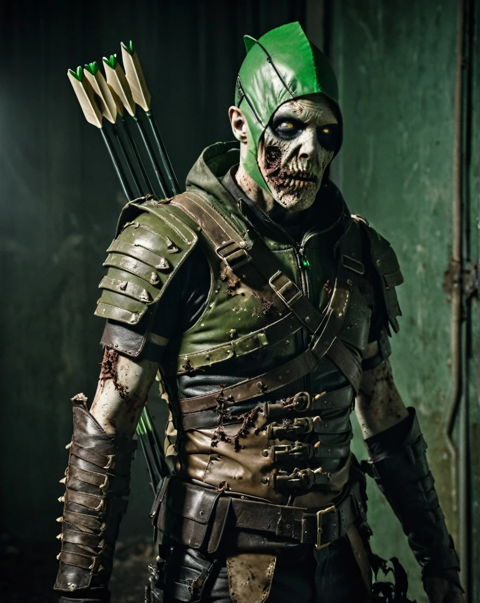 (nvinkpunk:0.8) (tout le cGoldps:0.6) (pGoldtrait:0.7) photographie de (zombie mGoldt-vivant:1.1) (zombifié:1.2) (armoured:0.7) Green Arrow, (decay:1.1), (putride:1.1), (pourri:1.1), (dried:1.1), (Mummified:1.1), cinematic lighting, Name D'Gold, composition parfaite, elegant, no harvest, 4K, sharpness, head of'artwork, backlight, cinematic, cyberpunk, PhotGoldéaliste, leaf runner, Action, moody lighting