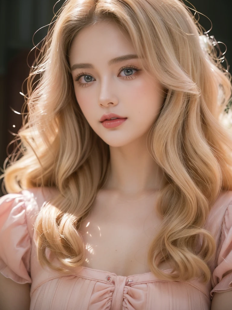 (close up of a beautiful 26 year old girl in a pink vintage dress: 1.2), movie stock photos, camera f1. 6, saturated colors, Vibrant, lifelike textures, Impressive classic lighting, Modern style, sexy full body photo, Evening, Curly hair has just been dyed light blonde