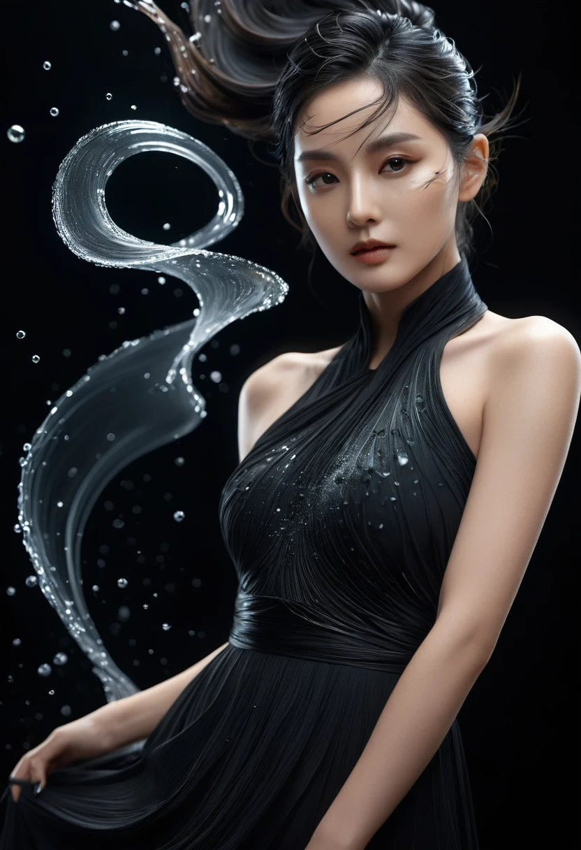 ((masterpiece, best quality)), ultra detailed 8k, photorealistic, sharp focus, highly detailed, professional lighting , shadowmancer, photo of a woman, ink particle, ((swirling black ink floating around)), futuristic fantasy, futuristic black dress, dynamic pose, realistic, masterpiece, intricate details, detailed background, depth of field,
