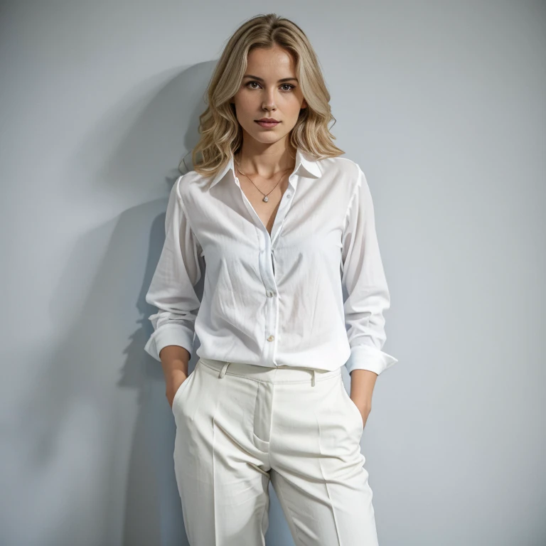 arafed woman in a white shirt and grey pants standing in front of a blue wall, kirsi salonen, magdalena andersson, wearing a blouse, magdalena radziej, wearing a white blouse, moleksandra shchaslyva, niele toroni, photo of džesika devic, serena malyon