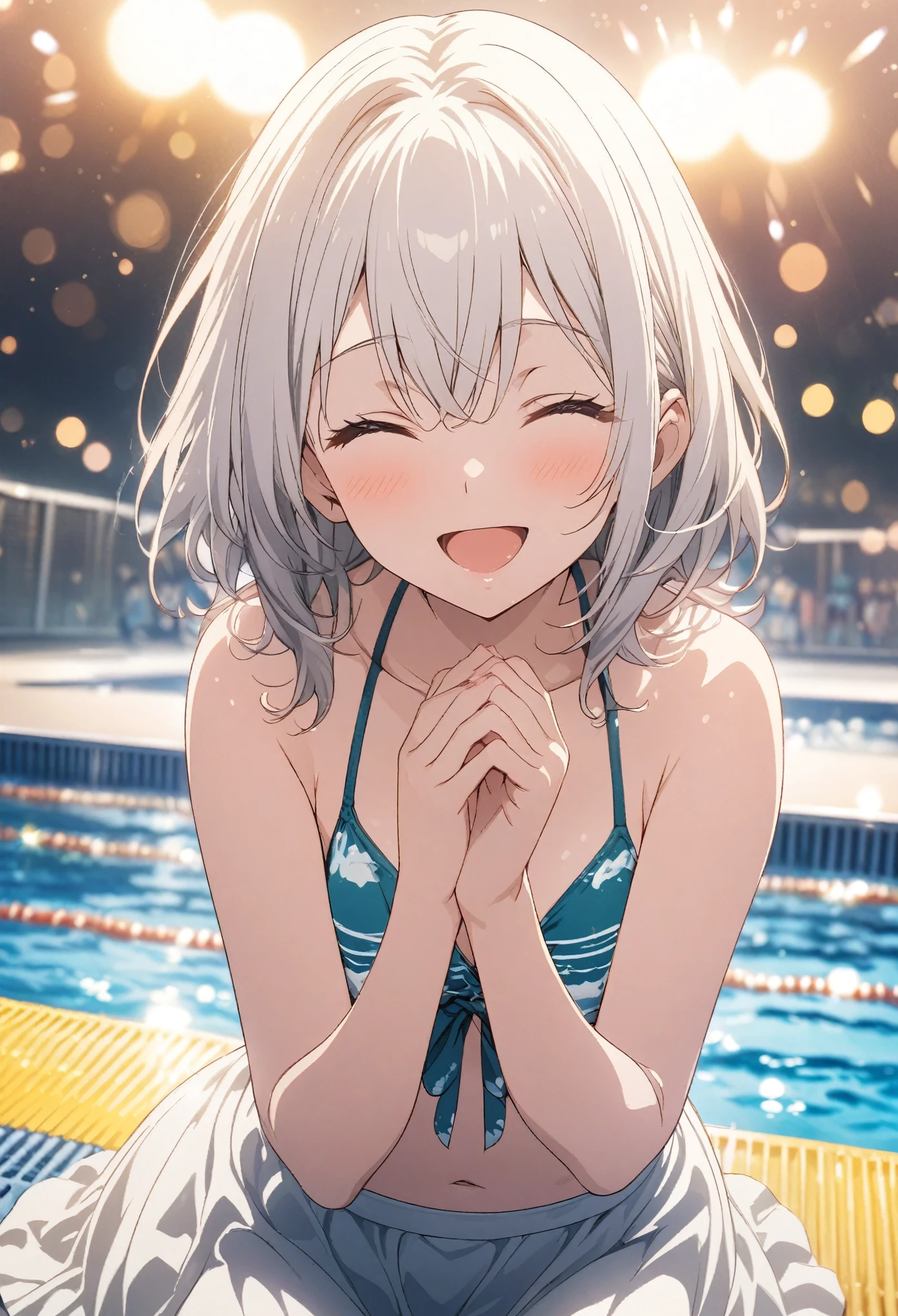 Two Girls, masterpiece, Highest quality, Highly detailed CG Unity 8k wallpaper, High School Girl Anime Illustration. Please wear a cute bikini swimsuit., Raise your hands in a joyful pose, She closes her eyes and opens her mouth wide, smile. white hair color, Yellow Eyes, Bokeh, Spotlight Light, The background is a large outdoor swimming pool with sunlight streaming in., Bokeh photo, (Soft Focus): 1.2, Out of focus highlights, Dreamy atmosphere, Fascinating Depth