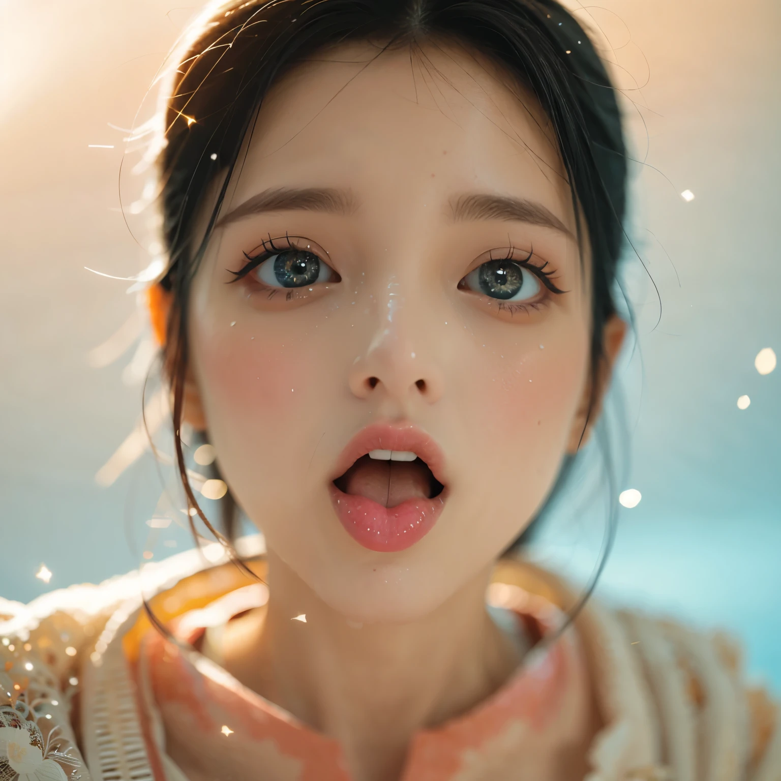 ExtremelyDetailed Kawaii girl Face,(Close-up Sweet lips), glossy lips with beautiful details, Coquettish tongue, Kissing to camera, towards the viewer, 8K TopQuality masterpiece,an extremely delicate and beautiful (ProfessionalPhoto:1.37), {Amazing|finely detail|official art|incredibly absurdres},ultra-detailed close-up shot, close up, (fish eye lens), wide lens, macro lens, Detailed reflective Eyes ElaboratePupils with (sparkling highlights:1.28) (Delicate Voluminous LongEyelashes:0.88), {(Tilted face:1.22)|Visible back of throat|saliva drips|naked shoulder}, (Dripping juice on tongue:1.23) snow particles