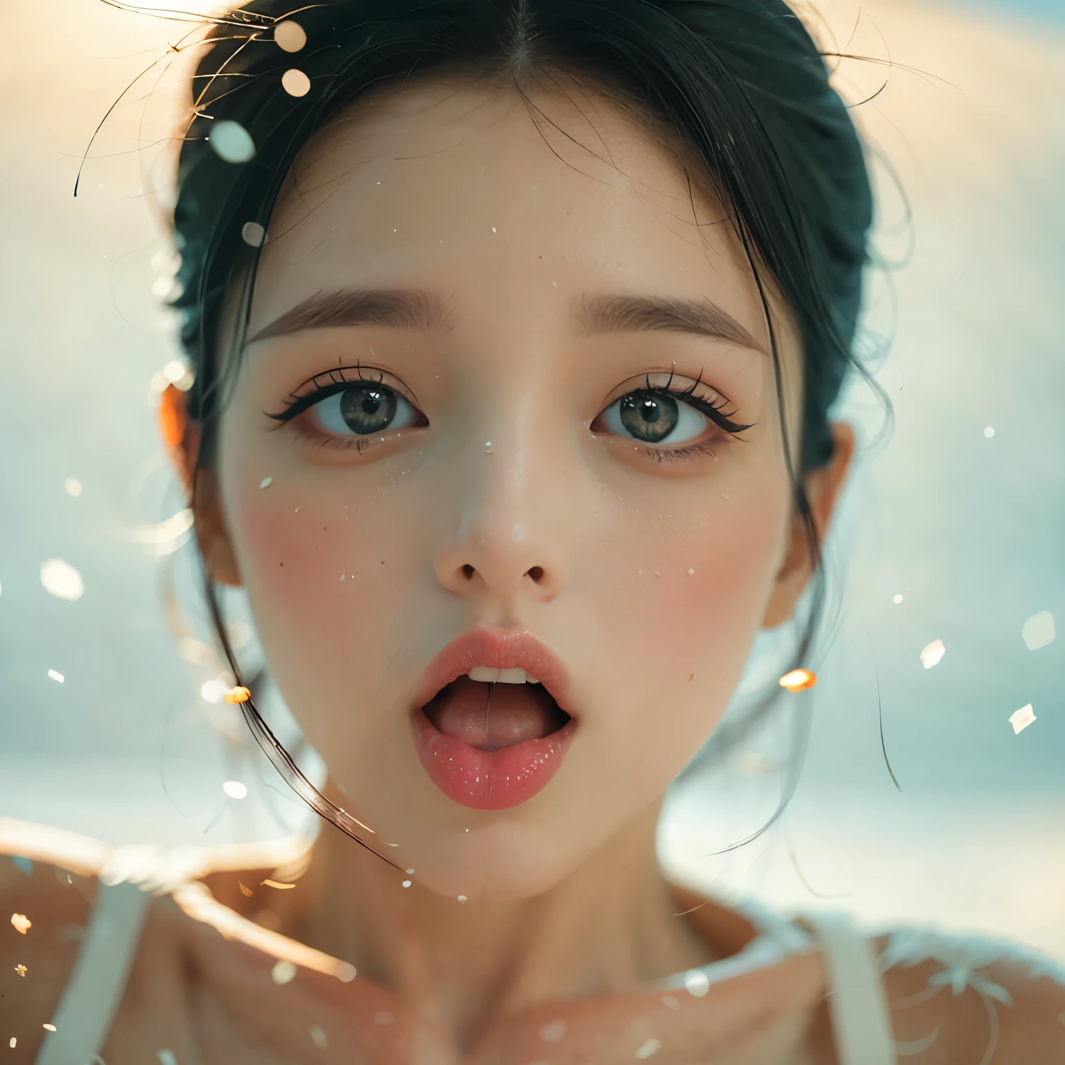 ExtremelyDetailed Kawaii girl Face,(Close-up Sweet lips), glossy lips with beautiful details, Coquettish tongue, Kissing to camera, towards the viewer, 8K TopQuality masterpiece,an extremely delicate and beautiful (ProfessionalPhoto:1.37), {Amazing|finely detail|official art|incredibly absurdres},ultra-detailed close-up shot, close up, (fish eye lens), wide lens, macro lens, Detailed reflective Eyes ElaboratePupils with (sparkling highlights:1.28) (Delicate Voluminous LongEyelashes:0.88), {(Tilted face:1.22)|Visible back of throat|saliva drips|naked shoulder}, (Dripping juice on tongue:1.23) snow particles