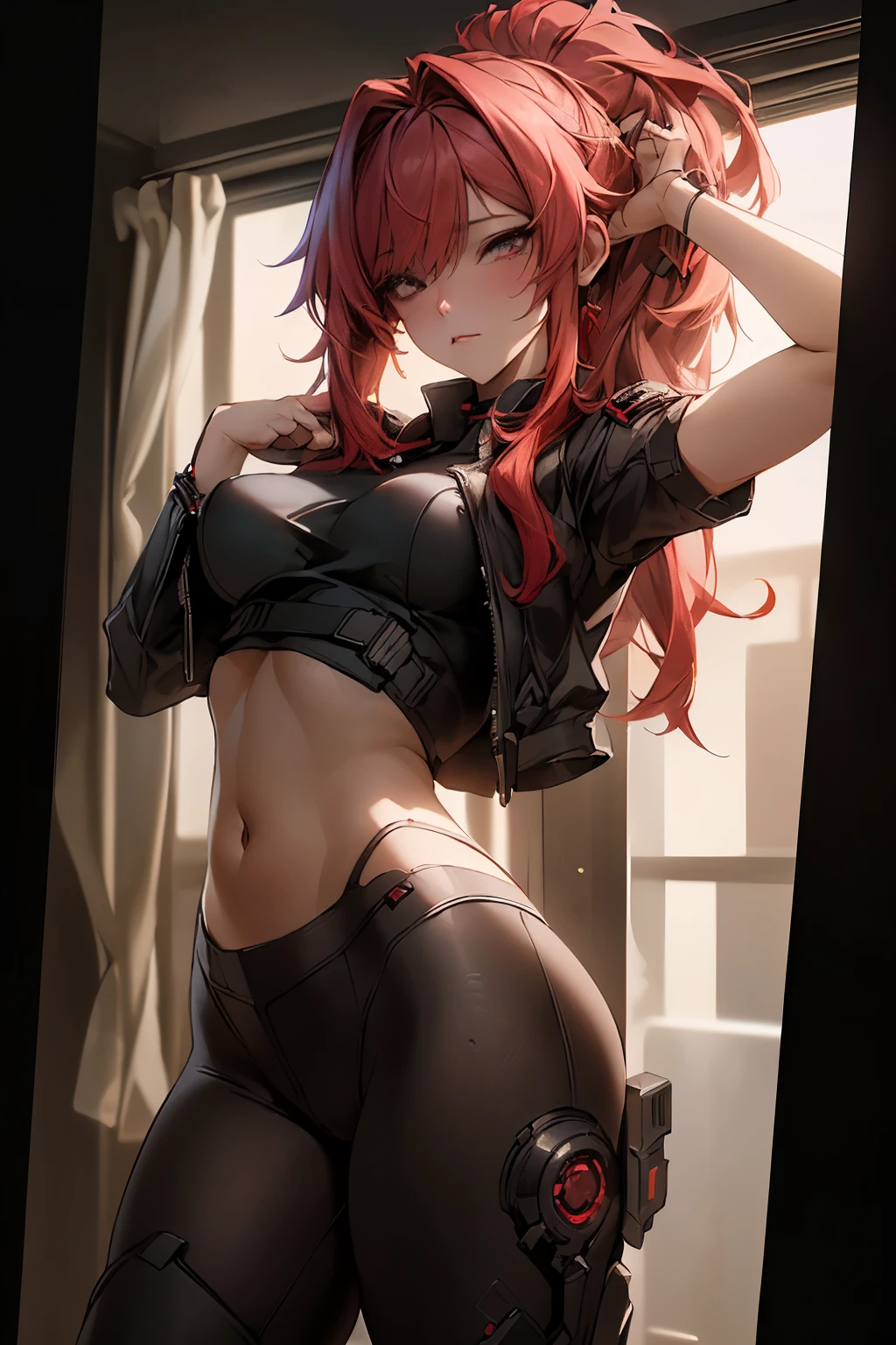 ((best quality)), ((Masterpiece)), (details:1.4), 3d, Image of a beautiful cyberpunk woman., HDR (high dynamic range), mature woman, Curtain Bangs, Red hair, black eyes, (S.W.A.T uniform), PBR surface, After processing, Anisotropic filtration,depth of field, Maximum clarity and clarity, multi-layered surface, perfect proportions, 8K raw files, cyberpunk, at night, ผมหลายชั้น, กระโปรงสั้น, natural lighting, soft lighting, sunlight, หน้าอกใหญ่, hips up, บนตึกสูง