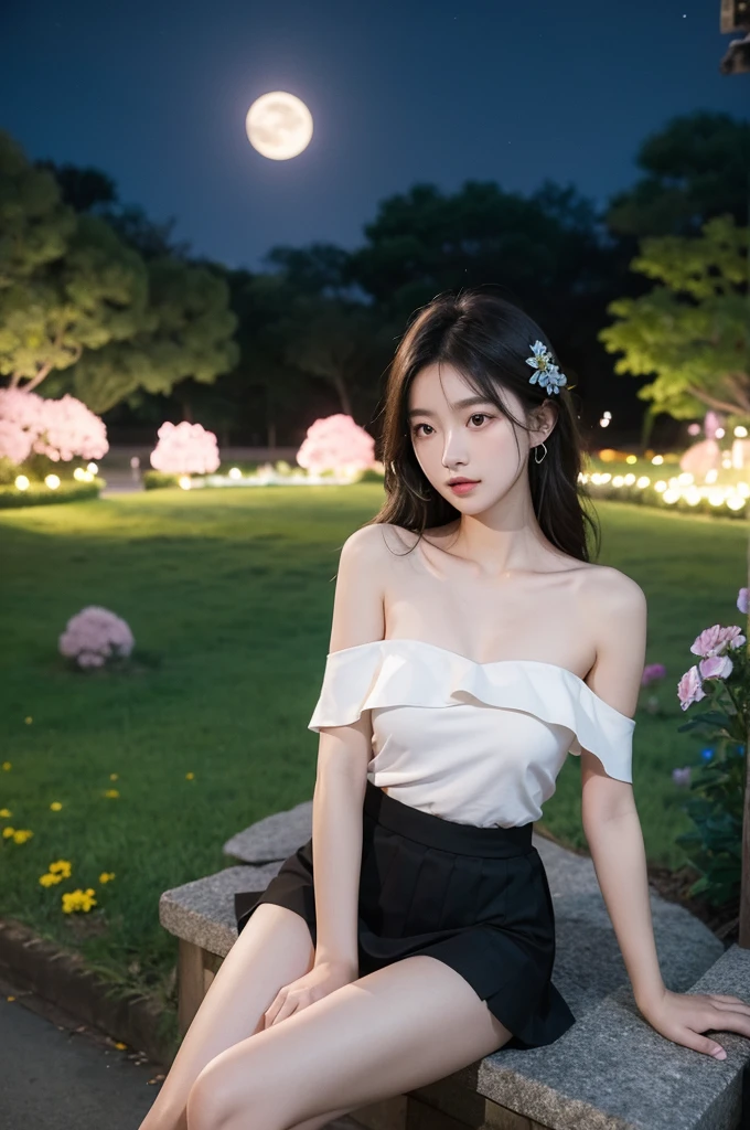 skirt,Good, underwear, (night), ((single bare shoulder)), iridescence, In the park under the moonlight，A beautiful girl sitting among the flowers，Surrounded by blooming flowers and fluttering butterflies。Girl&#39;s cleavage is visible，The body leans back，Support your body with your elbows，Showing an elegant and seductive posture。She has a very beautiful、Well-proportioned legs，Anatomically correct。The girl&#39;s face is delicate，Bathed in the soft moonlight，The whole scene is filled with atmospheric lighting effects。Dramatic lighting creates a cinematic atmosphere。The bright smile on the girl&#39;s face adds a touch of fantasy。