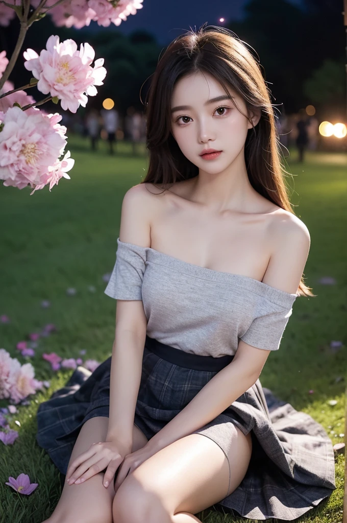 skirt,Good, underwear, (night), ((single bare shoulder)), iridescence, In the park under the moonlight，A beautiful girl sitting among the flowers，Surrounded by blooming flowers and fluttering butterflies。Girl&#39;s cleavage is visible，The body leans back，Support your body with your elbows，Showing an elegant and seductive posture。She has a very beautiful、Well-proportioned legs，Anatomically correct。The girl&#39;s face is delicate，Bathed in the soft moonlight，The whole scene is filled with atmospheric lighting effects。Dramatic lighting creates a cinematic atmosphere。The bright smile on the girl&#39;s face adds a touch of fantasy。