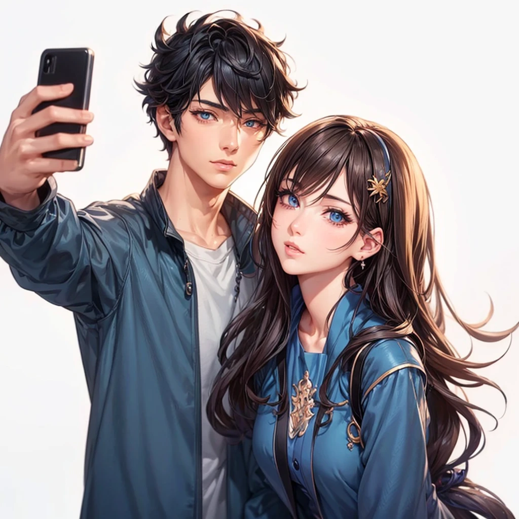 a couple of anime characters, beautiful detailed eyes, beautiful detailed lips, extremely detailed eyes and face, long eyelashes, taking a selfie with their cell phone, 8k, high resolution, hyper realistic, photorealistic, extremely detailed, masterpiece, vivid colors, natural lighting, beautifully shaded, cinematic lighting, rich textures, intricate details, vibrant atmosphere, dynamic composition