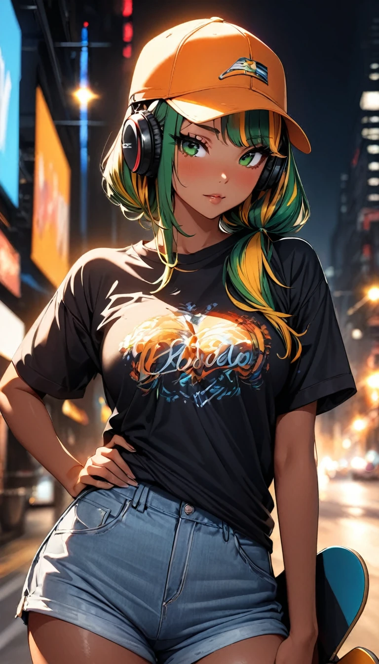 (highest quality:1.2, Very detailed, up to date, Vibrant, Ultra-high resolution, High Contrast, masterpiece:1.2, highest quality, Best aesthetics), Portraiture、solo, girl、(slim:1), (25-years-old), ((Skateboarder:1)), (wearing headphones), (orange baseball cap:1.3), holding a skateboard,american olive t-shirts, jeans short pants, Bright colors、Beautiful fine details、Beautiful lip detail、long hair、low ponytail, white and yellow green ((streaked hair:1.6)), highlights hair: 1.5, (medium breast:1) , (tan skin:0.9), ,((cowboy shot:1.5))