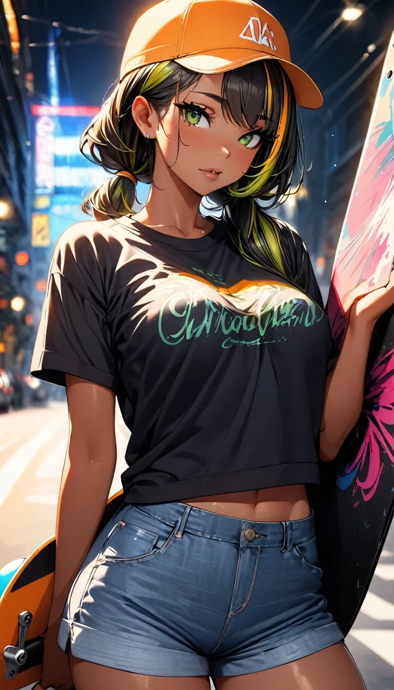 (highest quality:1.2, Very detailed, up to date, Vibrant, Ultra-high resolution, High Contrast, masterpiece:1.2, highest quality, Best aesthetics), Portraiture、solo, girl、(slim:1), (25-years-old), ((Skateboarder:1)), (wearing headphones), (orange baseball cap:1.3), holding a skateboard,american olive t-shirts, jeans short pants, Bright colors、Beautiful fine details、Beautiful lip detail、long hair、low ponytail, white and yellow green ((streaked hair:1.6)), highlights hair: 1.5, (medium breast:1) , (tan skin:0.9), ,((cowboy shot:1.5))