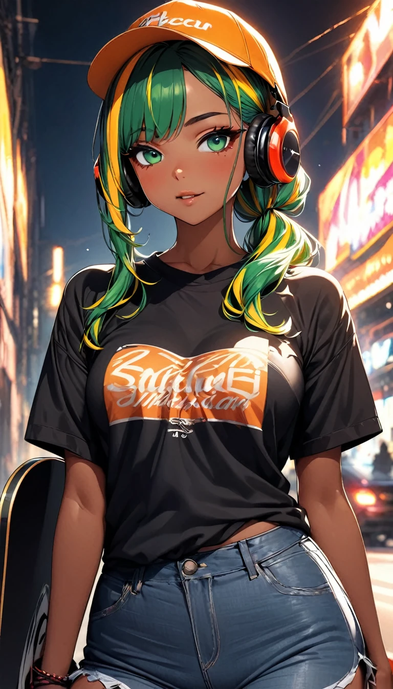 (highest quality:1.2, Very detailed, up to date, Vibrant, Ultra-high resolution, High Contrast, masterpiece:1.2, highest quality, Best aesthetics), Portraiture、solo, girl、(slim:1), (25-years-old), ((Skateboarder:1)), (wearing headphones), (orange baseball cap:1.3), holding a skateboard,american olive t-shirts, jeans short pants, Bright colors、Beautiful fine details、Beautiful lip detail、long hair、low ponytail, white and yellow green ((streaked hair:1.6)), highlights hair: 1.5, (medium breast:1) , (tan skin:0.9),  ,((cowboy shot:1.5))