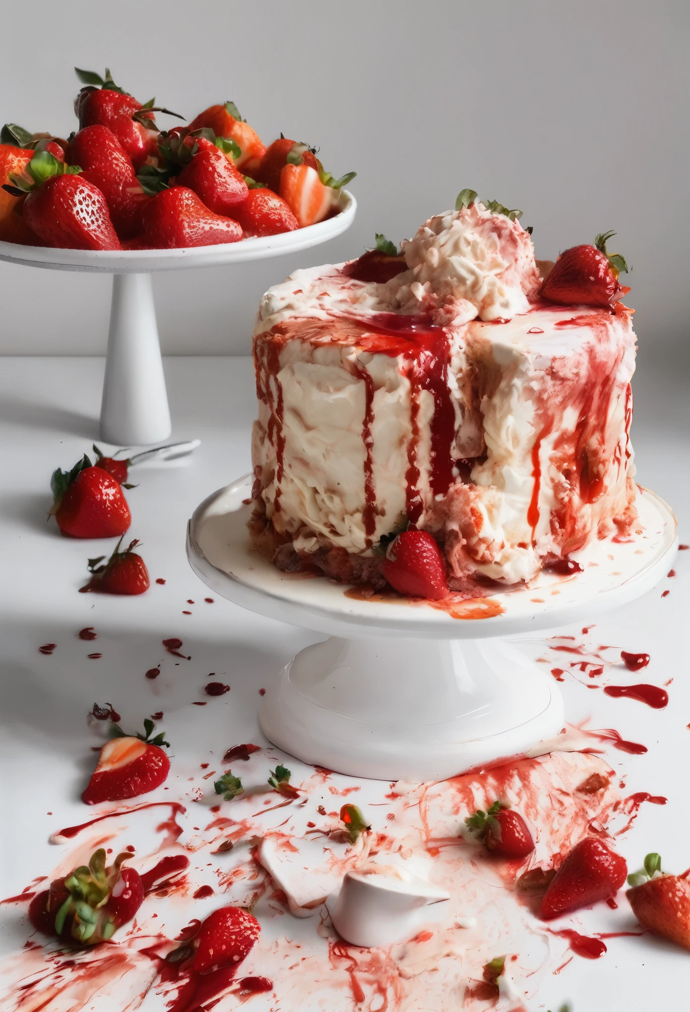 masterpiece、super beautiful、8K、Dirty photos、The remains of a cake that has been crushed, crushed, and deformed.、Cream splattered and spread、Strawberry jam smeared thickly on white paper、High angle、flat