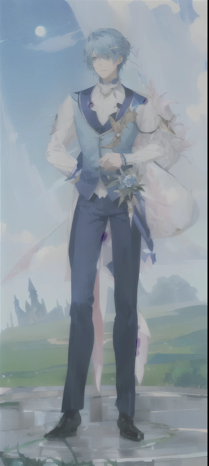 Blue hair standing in the field、Anime character in blue vest, A complete portrait of an elementalist, whole body picture, Fantasy Costume, Wearing fantasy formal attire, Delicate hermaphroditic prince, Moon Themed Clothing, Thin male fantasy alchemist, highly detailed whole body, Well-dressed Nightmare, kieran yanner&#39;s style, whole body xianxia, whole body!! Extreme details