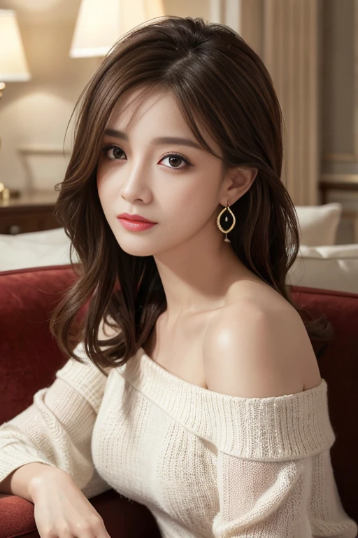 masterpiece, Highest quality, Realistic, Very detailed, Finer details, High resolution, 8k wallpaper, One beautiful woman, Wear an elegant off-the-shoulder knit, On a great hotel sofa, At night, Light brown messy hair, Perfect dynamic composition, Beautiful and beautiful eyes、Big earrings、whole body