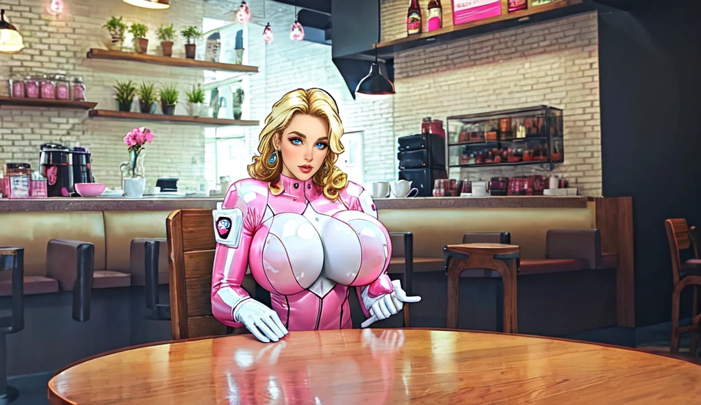 adult woman, blonde curly hair, pink latex bodysuit,outfit, pink boots, white gloves, blue eyes, earrings,big breast,sitting in a Cafe