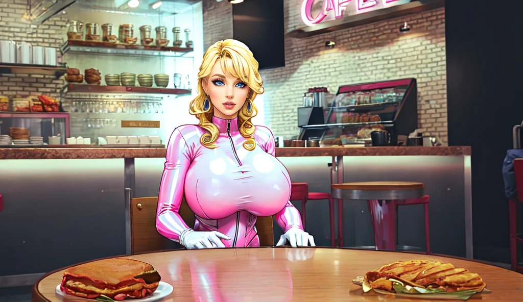 adult woman, blonde curly hair, pink latex bodysuit,outfit, pink boots, white gloves, blue eyes, earrings,big breast,sitting in a Cafe