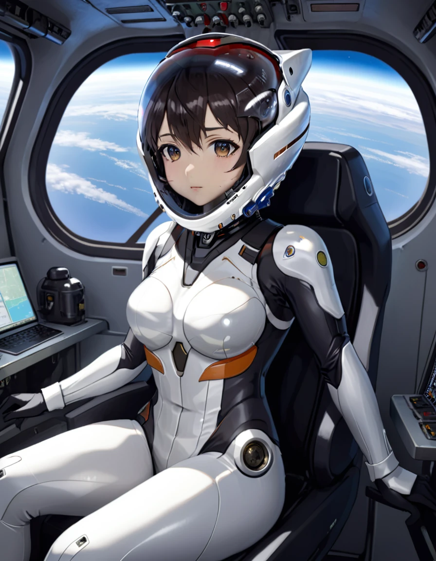 ((Female pilot in the cockpit of a reconnaissance plane), (airplane cockpit), (in flight), (10000 feet altitude)、(sky view):1.7),, short hair, street, emo, BLACK hair, white eyes, eyeliner, apocalypse, girl, nside the (cockpit:1.9) of a (futuristic spaceship:1.6), , blush,sitting on a chair, covered navel, space helmet, muvluv, space helm, plug suit , space helmet, eva helm, space suit, short hair,
(space helmet:1.7)