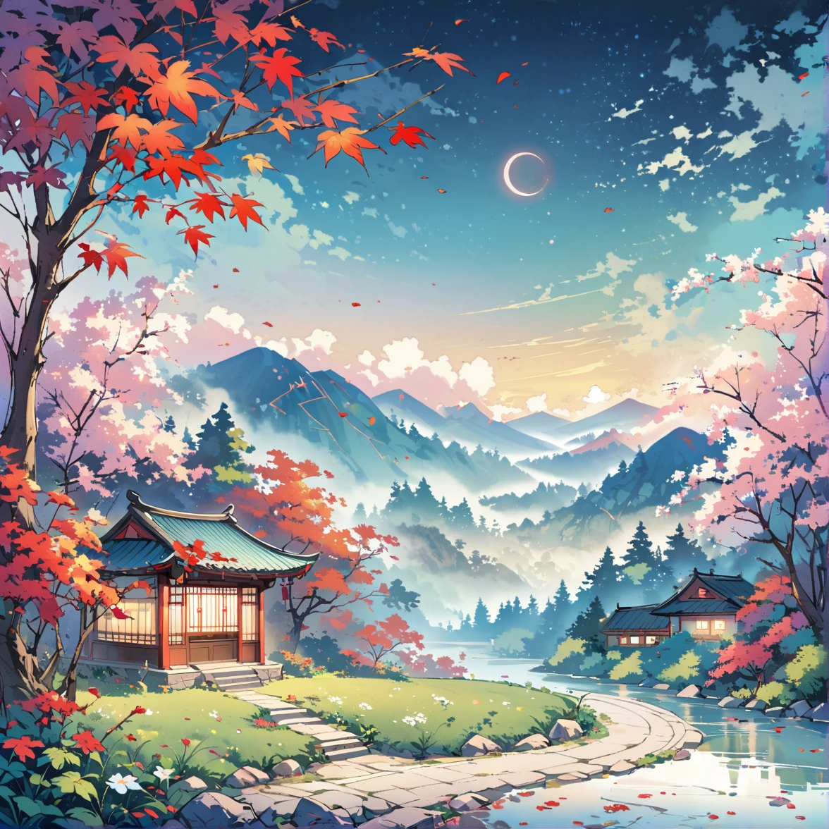 The stone path on Hanshan Mountain is sloping in the distance.Baiyun was born in a family.Park the car and sit in Love Maple Forest at night.Frost leaves are as red as February flowers.