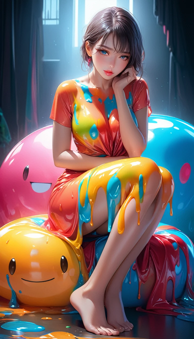 a woman's body covered in colorful slime, shy pose, digital painting, full body shot, hyperrealistic, 4k, hyper detailed, vibrant colors, high contrast, dramatic lighting, photorealistic, elegant, beautiful detailed eyes, beautiful detailed lips, extremely detailed face and skin