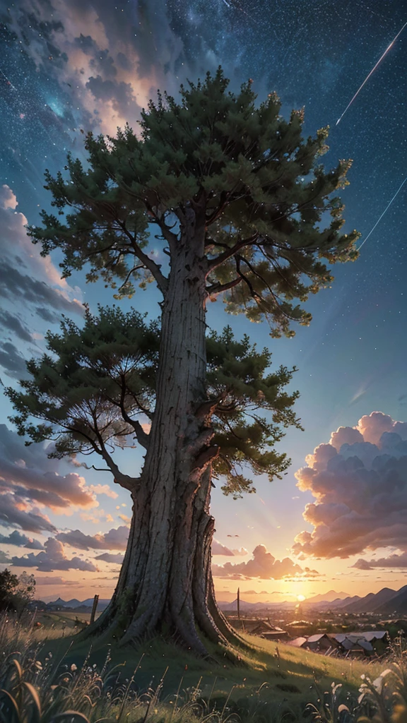 view from below with a view of the sky and the wilderness below, tree, cloud, scenery, outdoors, grass, sunset, star \(sky\), flowers, starry sky, cloudy sky, no humans, twilight, nature, wind, masterpiece, best quality, very aesthetic, absurdres