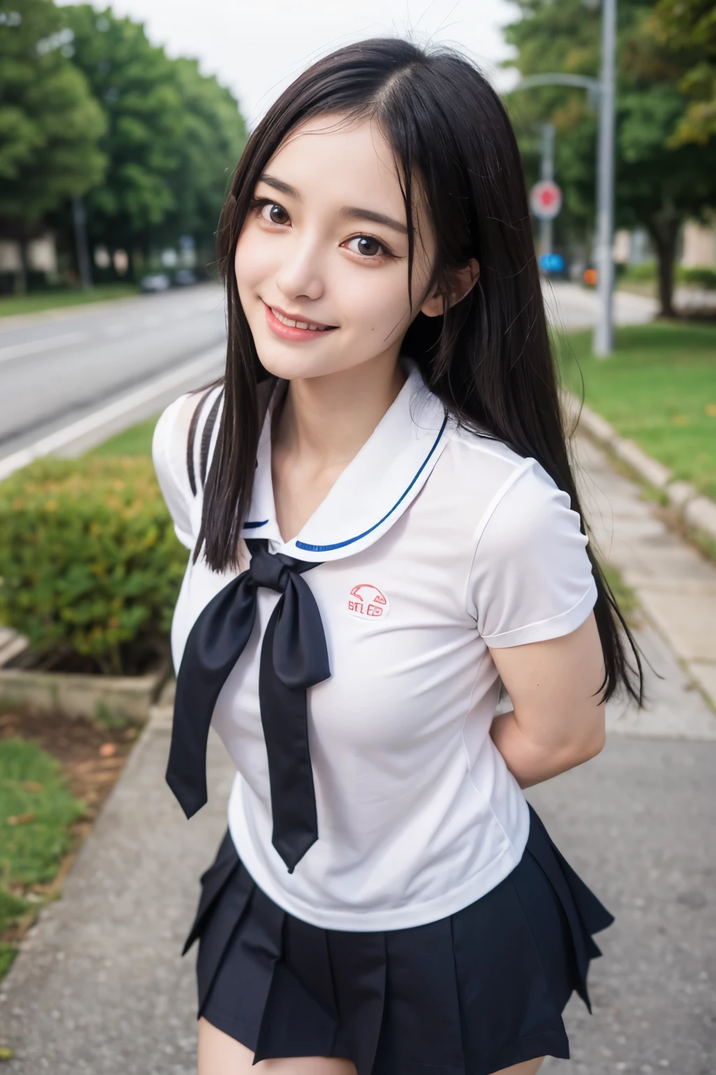 ((masterpiece)), ((best quality)), ((ultra-detailed)),((hyperrealistic)),(japanese cute girl),(shiny skin),1girl,(forehead),black hair,long hair,(black big eyes,tareme,droopy eyes),(small breasts),15 years old,dynamic angle,(((blush,in heat))), cheeks,neat and clean,(sailor uniform ,serafuku,,black miniskirt),arms behind back,school,class room,smile,