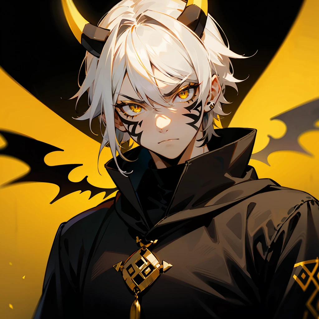 1male , White Hair , Golden Eyes , Black Halo , Black Horns , Black and Yellow Tribal Markings across body , Black and Yellow Face Tattoos , Black Demon Wings , Serious Expression , young Male 