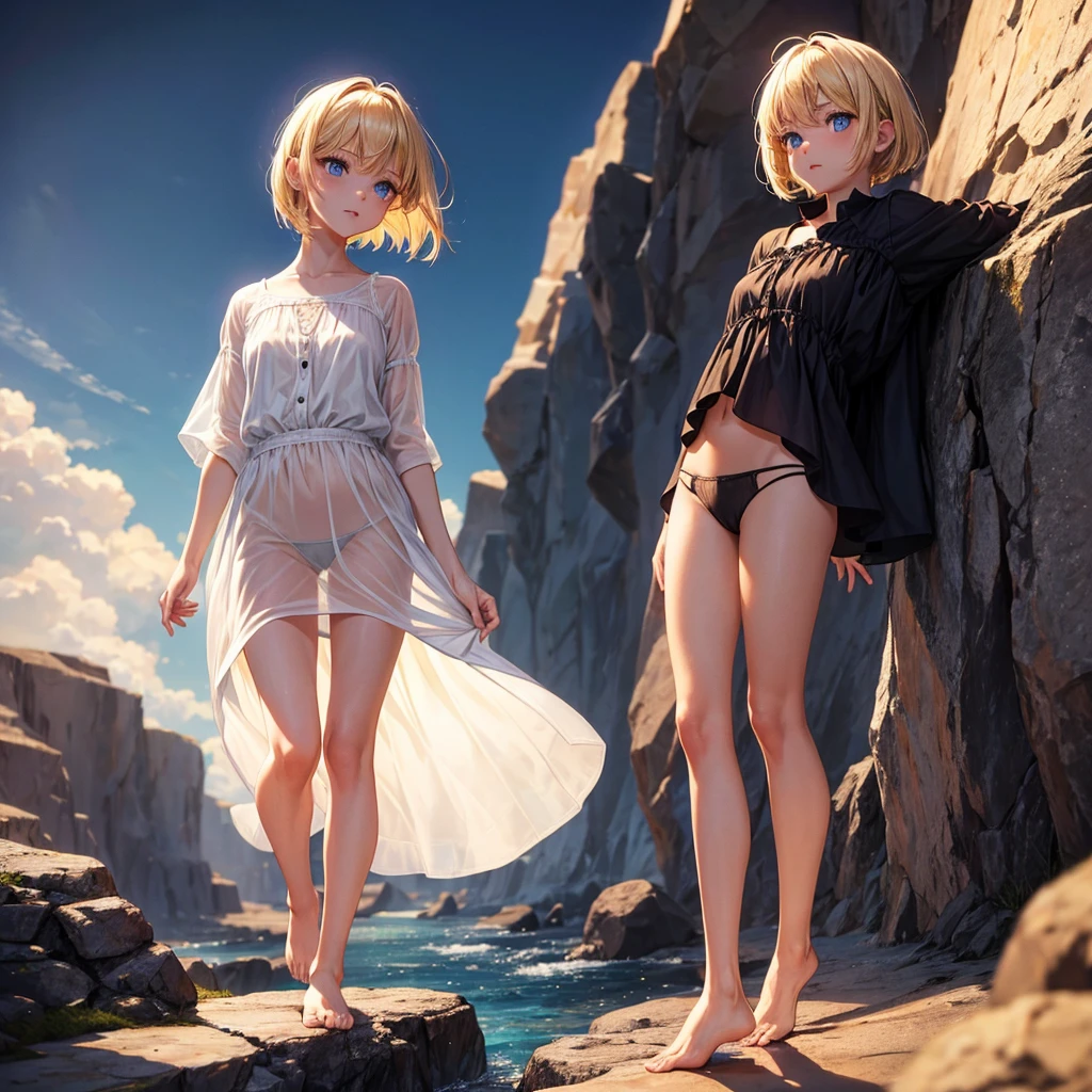 At night, a girl standing at the edge of a cliff, short hair, blonde color, blue eyes, wearing a loose small white blouse, in black underwear, barefeet
